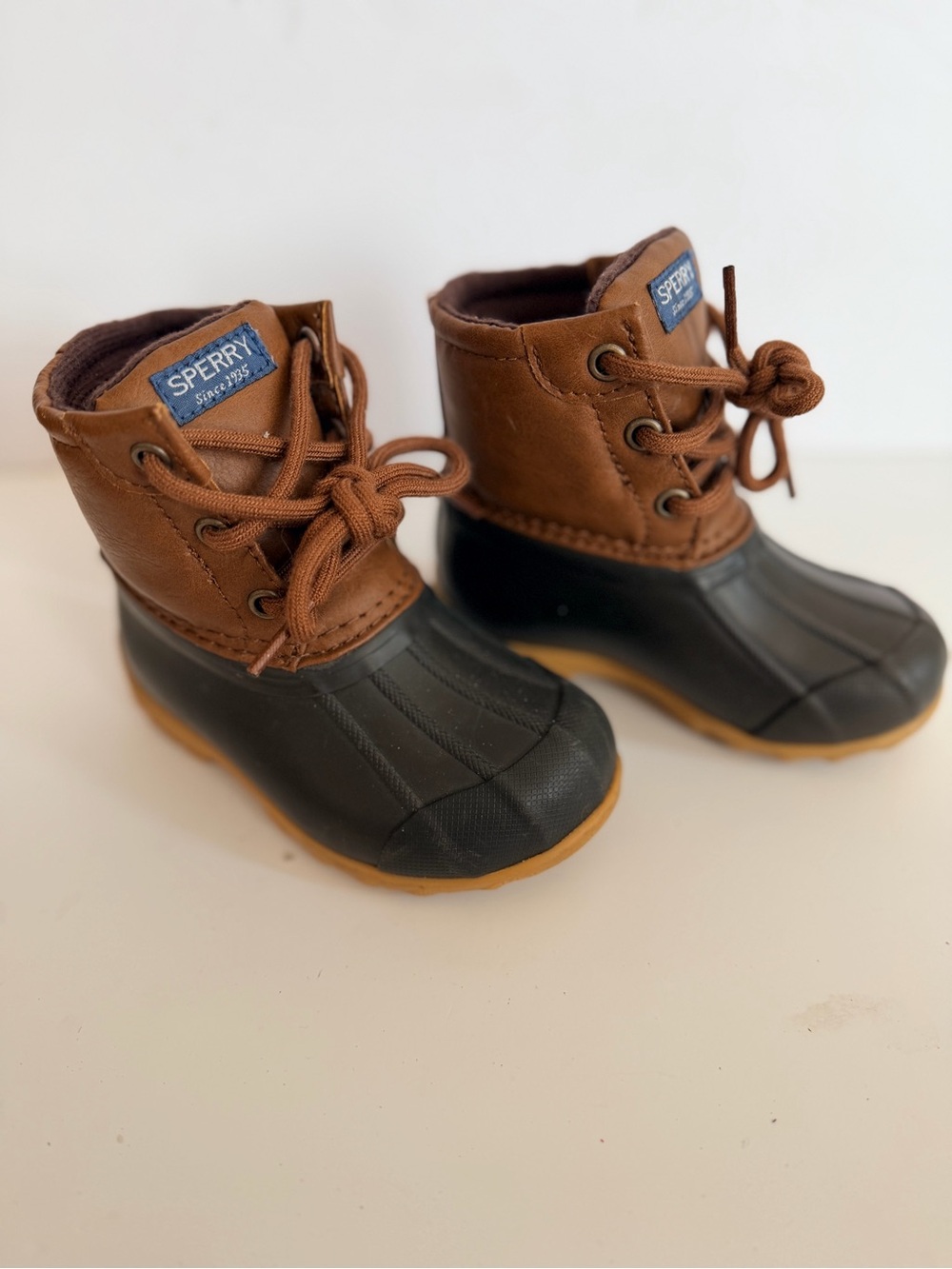 Sperry Toddler Brown Leather and Black Rubber Rain Boots